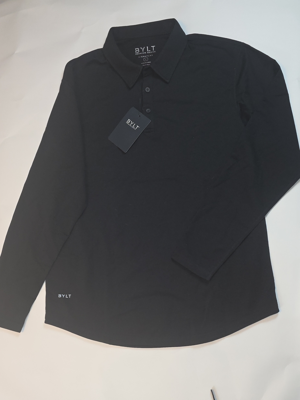 NWT Men's BYLT Premium Basics Signature L/S Polo in Black. Size Large